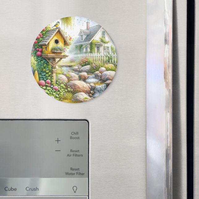 Whimsical Cottage Garden Birdhouse Stream Magnet (In Situ (Fridge))