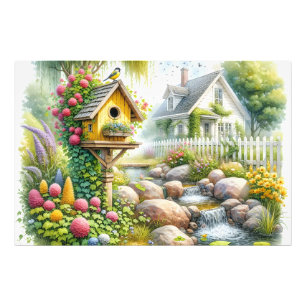 Whimsical Cottage Garden Birdhouse Stream Photo Print