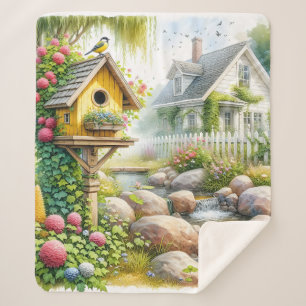 Whimsical Cottage Garden Birdhouse Stream Sherpa Blanket