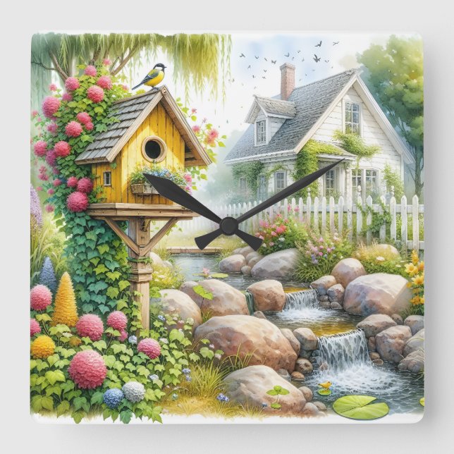 Whimsical Cottage Garden Birdhouse Stream Square Wall Clock (Front)