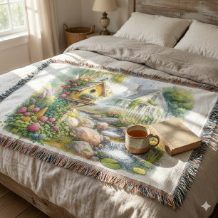 Whimsical Cottage Garden Birdhouse Stream Throw Blanket