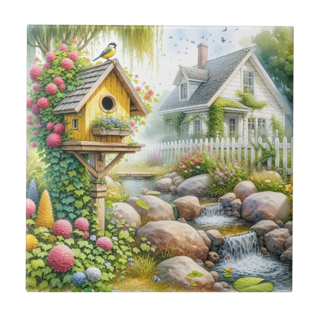 Whimsical Cottage Garden Birdhouse Stream Tile (Front)