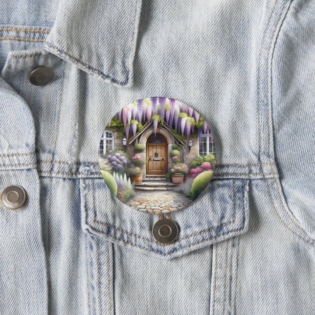 Whimsical Cottage Garden Pathway 3 Inch Round Button (In Situ)