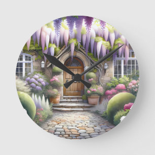 Whimsical Cottage Garden Pathway Round Clock