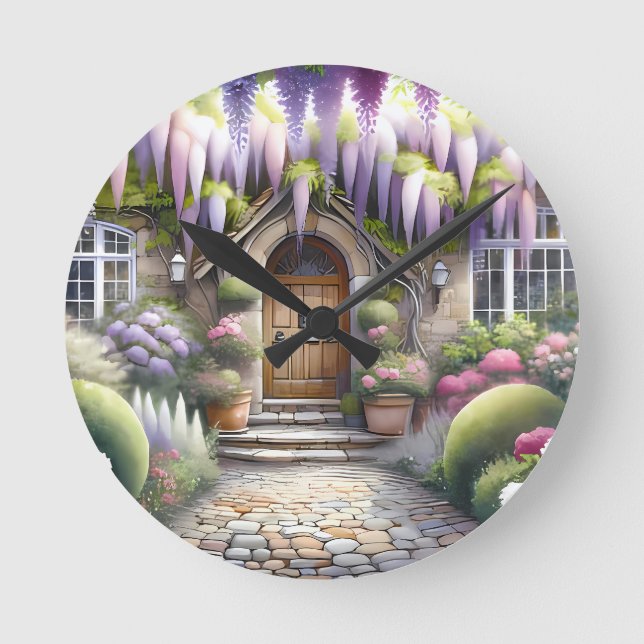 Whimsical Cottage Garden Pathway Round Clock (Front)