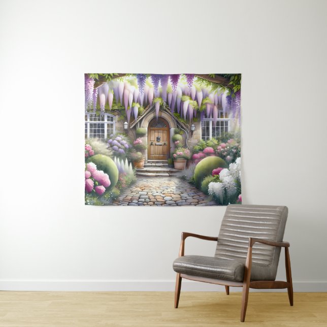 Whimsical Cottage Garden Pathway Tapestry (In Situ (Horizontal))