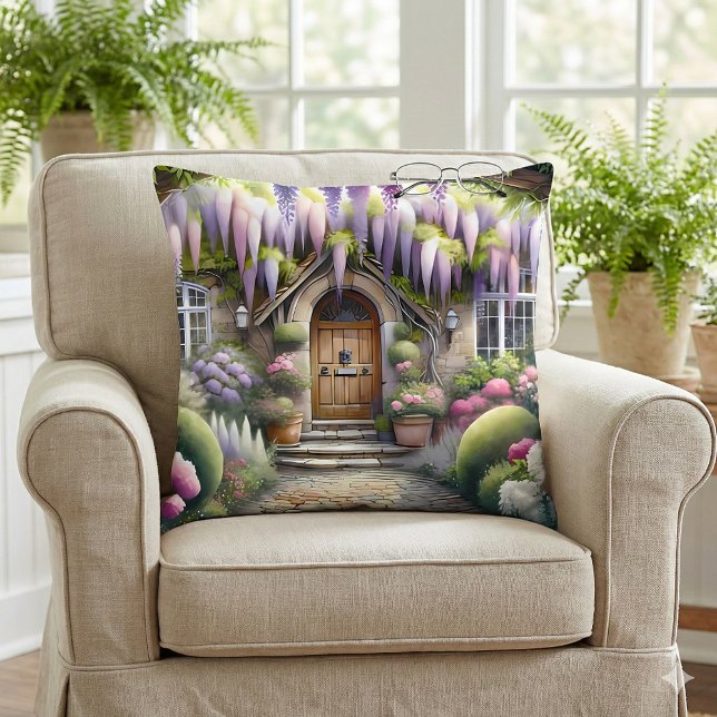 Whimsical Cottage Garden Pathway Throw Pillow (Whimsical Cottage Garden Pathway Throw Pillow Mockup A)