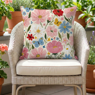 Whimsical Cottage Garden Summer Floral Pattern Outdoor Pillow