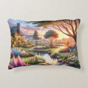 Whimsical Cottage Garden Sunset Accent Pillow