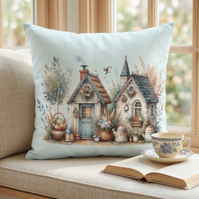 Whimsical Cottage Garden Throw Pillow (Cottage Haven Floral Homes Illustration Throw Pillow In Window Seat)