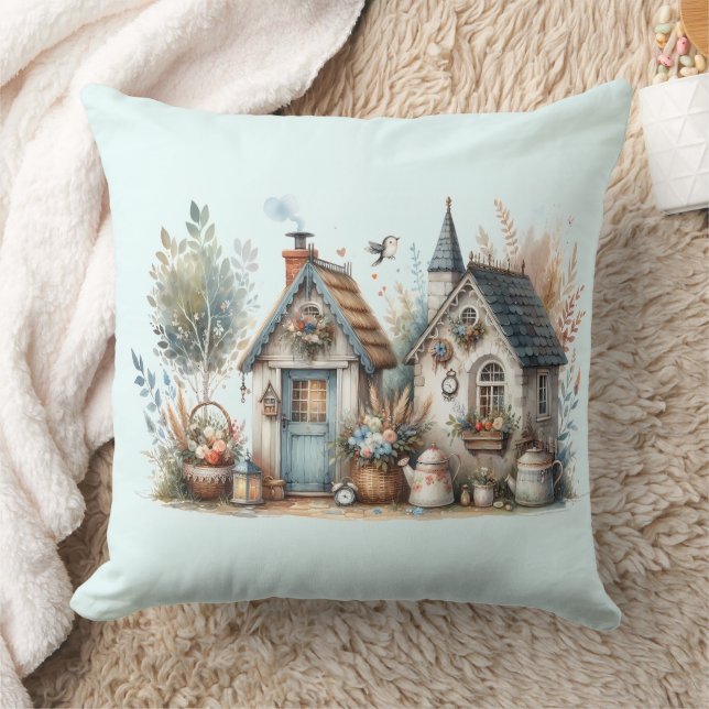 Whimsical Cottage Garden Throw Pillow (Blanket)