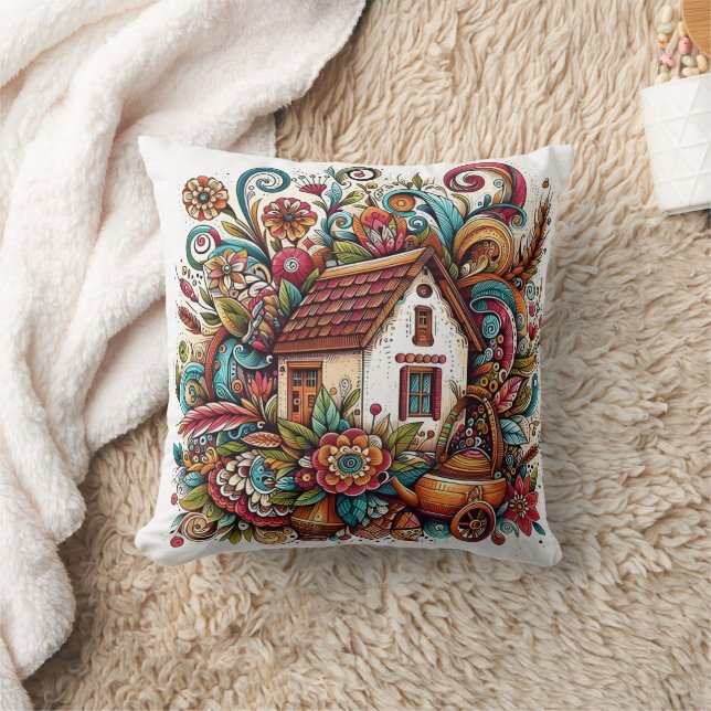 Whimsical cottage surrounded by vibrant foliage throw pillow (Blanket)