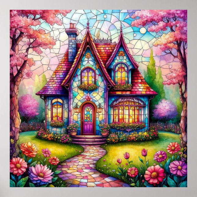 Whimsical Cottage With Vibrant Flower Garden Poster (Front)