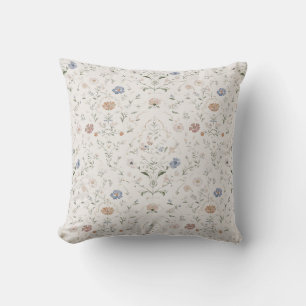 Whimsical Cottagecore Beige Watercolor Floral Throw Pillow