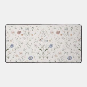 Whimsical Cottagecore Beige Watercolor Wildflower Desk Mat