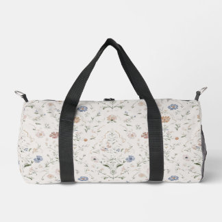Whimsical Cottagecore Beige Watercolor Wildflower Duffle Bag