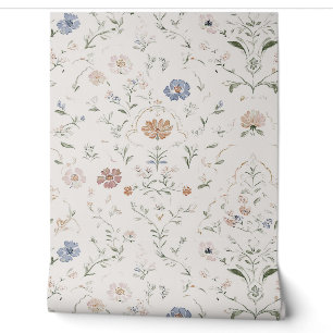 Whimsical Cottagecore Beige Watercolor Wildflower Wallpaper