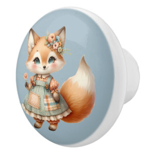 Whimsical Cottagecore Floral Pastel Fox  Ceramic Knob