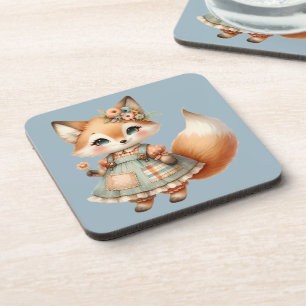 Whimsical Cottagecore Floral Pastel Fox Coaster
