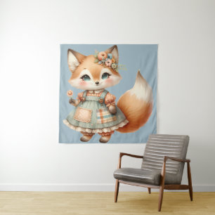 Whimsical Cottagecore Floral Pastel Fox Tapestry