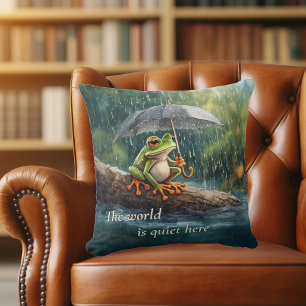 Whimsical Cottagecore Frog The World is Quiet Here Throw Pillow