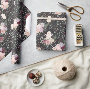 Whimsical Cottagecore Ghost Bats Roses Wrapping Paper