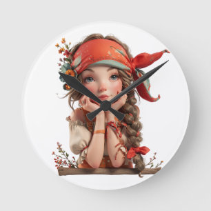 Whimsical Cottagecore Girl with Flowers and Red Ba Round Clock