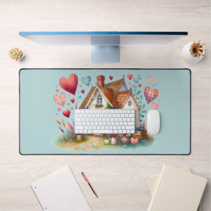 Whimsical Cottagecore Heart House Art Desk Mat