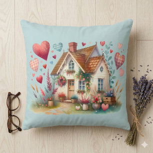 Whimsical Cottagecore Heart House Art Throw Pillow