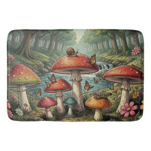 Whimsical Cottagecore Mushrooms Forest Scene Bath Mat