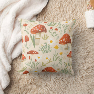 Whimsical Cottagecore Red Mushroom & Botanical  Throw Pillow