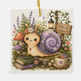 Whimsical Cottagecore Snail Watercolor Art Ceramic Ornament
