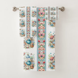 Whimsical Cottagecore Tea Garden Scene Bath Towel Set