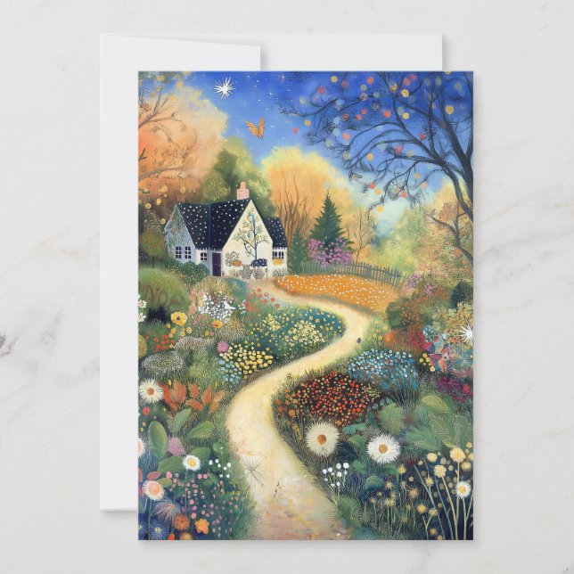 Whimsical Country Cottage Scene Hello Flat Card (Front)