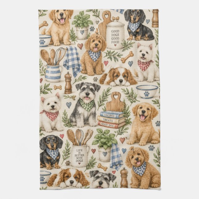 Whimsical Country Kitchen Dog Pattern Towel (Vertical)