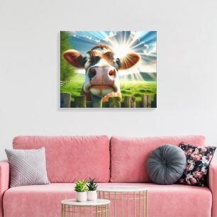 Whimsical Cow Peering Over Fence Canvas Print