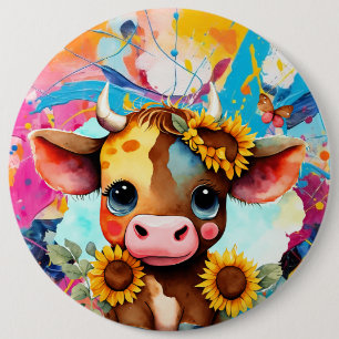 Whimsical Cow with Butterflies, Floral 6 Inch Round Button