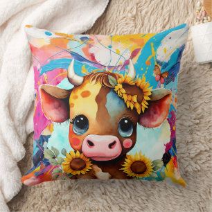 Whimsical Cow with Butterflies, Floral Throw Pillow