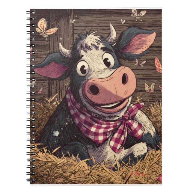 Whimsical Cow with Butterflies Illustration Notebook (Front)
