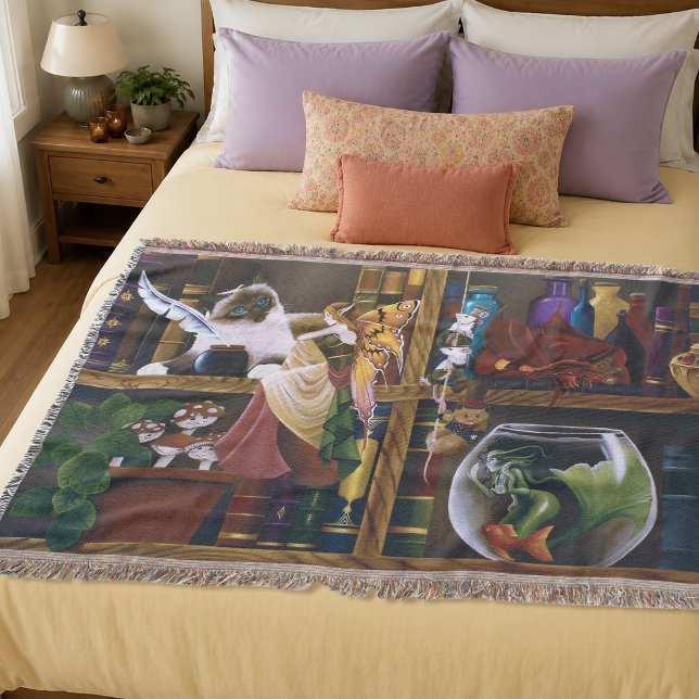 Whimsical Cozy Fantasy Wizard Library Shelves  Throw Blanket (Creator Uploaded)
