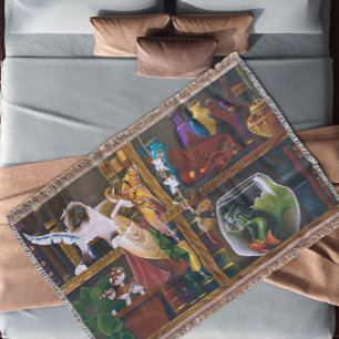 Whimsical Cozy Fantasy Wizard Library Shelves Throw Blanket