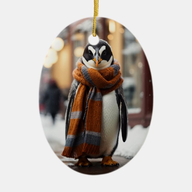 Whimsical Cozy Penguin Snowy Winter Ceramic Ornament (Front)
