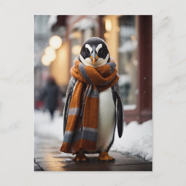 Whimsical Cozy Penguin Snowy Winter Postcard (Front)