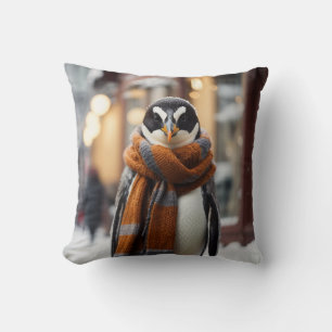 Whimsical Cozy Penguin Snowy Winter Throw Pillow