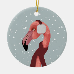 Whimsical Cozy Winter Flamingo With Scarf  Ceramic Ornament