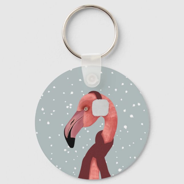 Whimsical Cozy Winter Flamingo With Scarf  Keychain (Front)