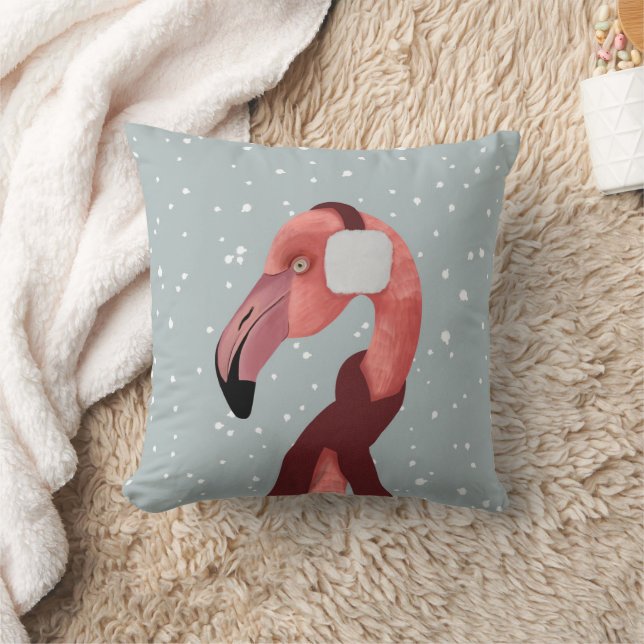Whimsical Cozy Winter Flamingo With Scarf  Throw Pillow (Blanket)