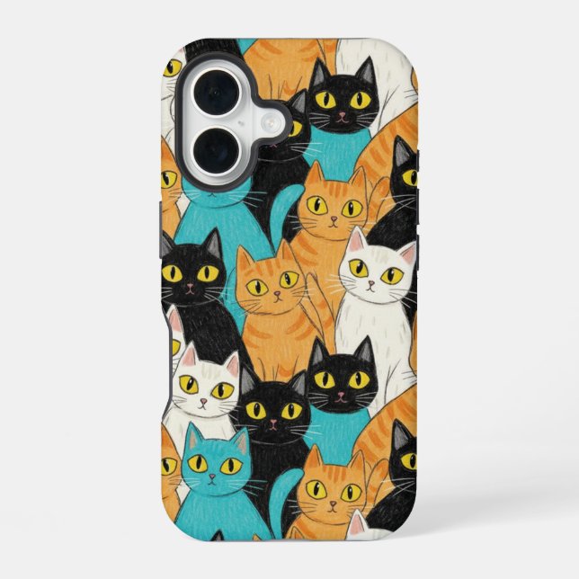 Whimsical Crayon Cat Crowd iPhone 16 Case (Back)