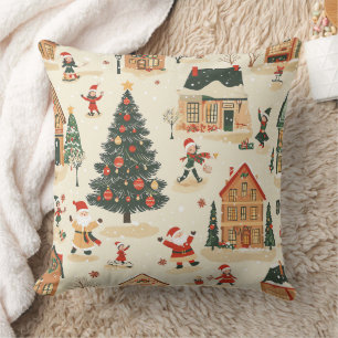 Whimsical Cream Snowy Christmas Santa Village Throw Pillow