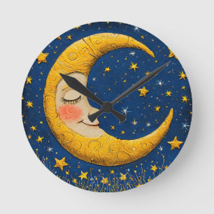 Whimsical crescent moon round clock